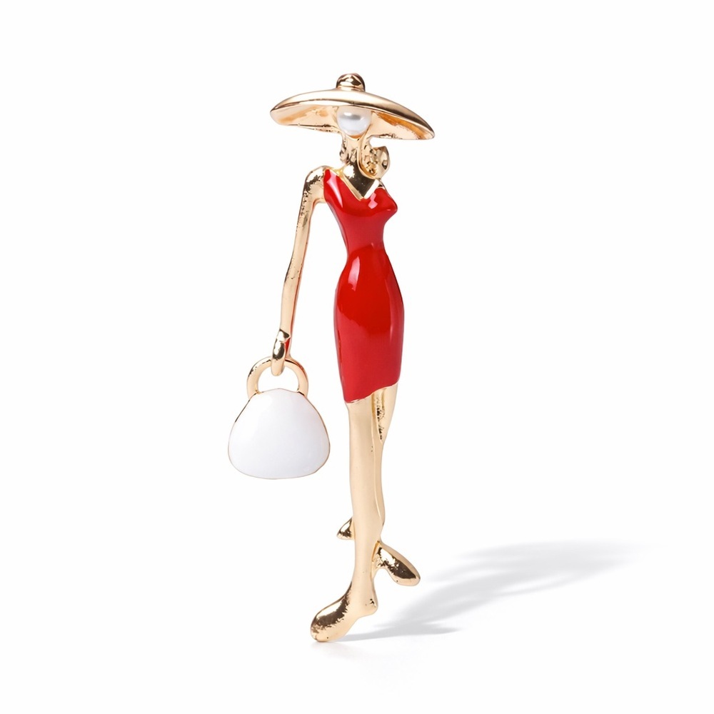 Elegant Red and Gold Woman Figure Brooch